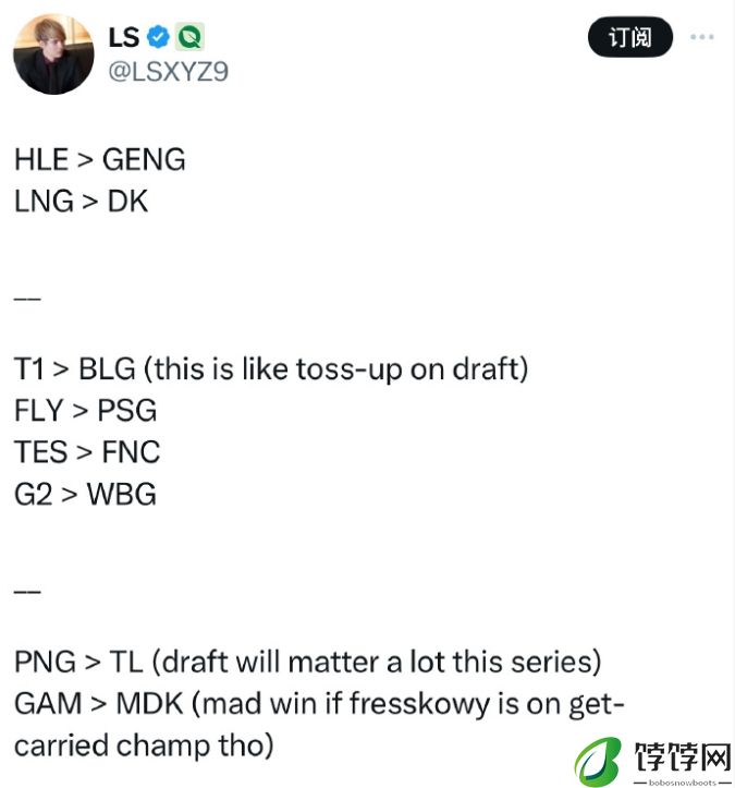 LCK粉丝主播LS下一轮赛果的预测：T1拿下BLGG2战胜WBG